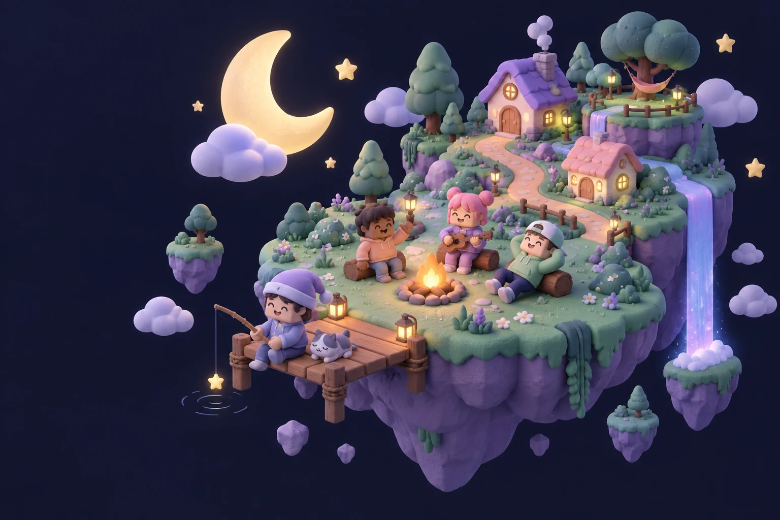 A dreamy floating island where colorful blocky friends play among pastel trees, clouds, and a crescent moon.